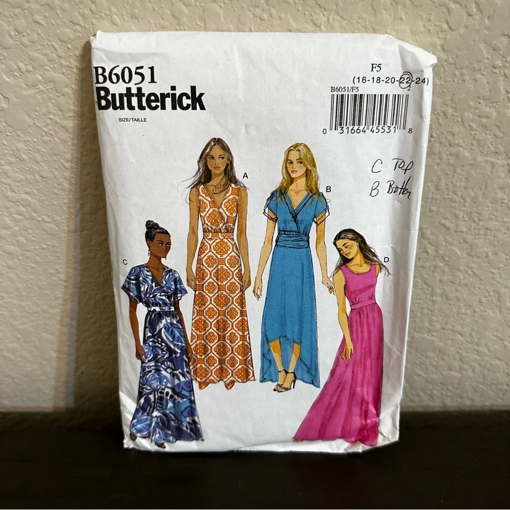 Butterick Sewing Pattern Maxi Short Sleeve High Low Dress Four Styles Size Talle